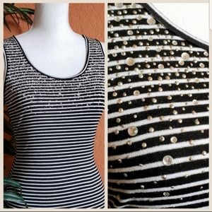 Cache Striped Metallic Embellished Tank Top Black White Rhinestone XS Scoop Neck